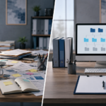Before and after office workspace showing operational organization and workforce documentation systems