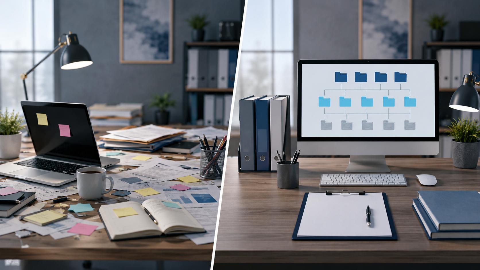 Before and after office workspace showing operational organization and workforce documentation systems