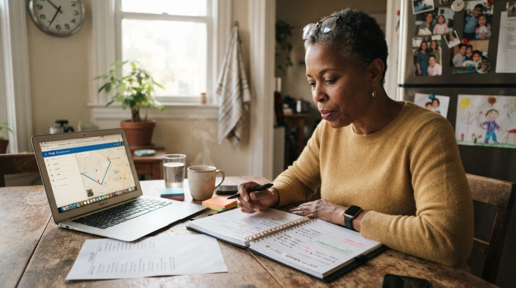 Notebook, laptop, and business planning materials in a real workspace