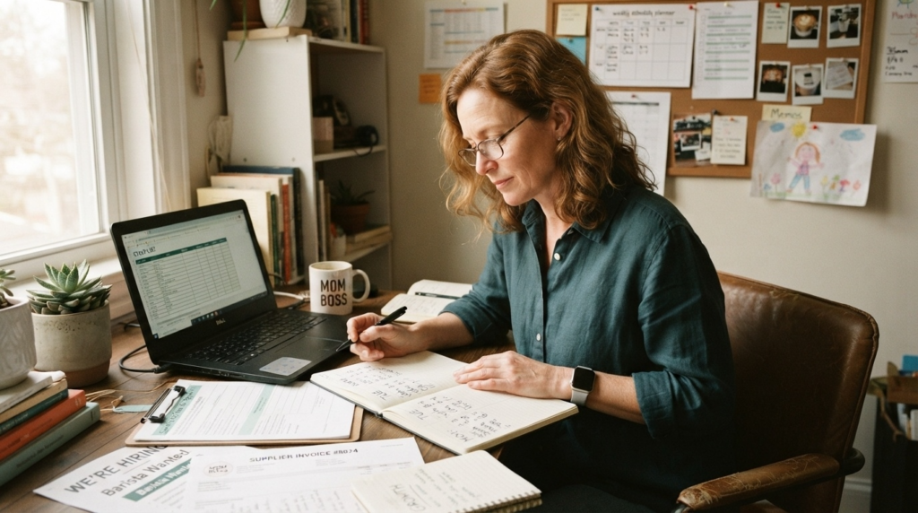 image of a real owner reviewing schedules, paperwork, employee information, or the moving pieces behind a growing business.
