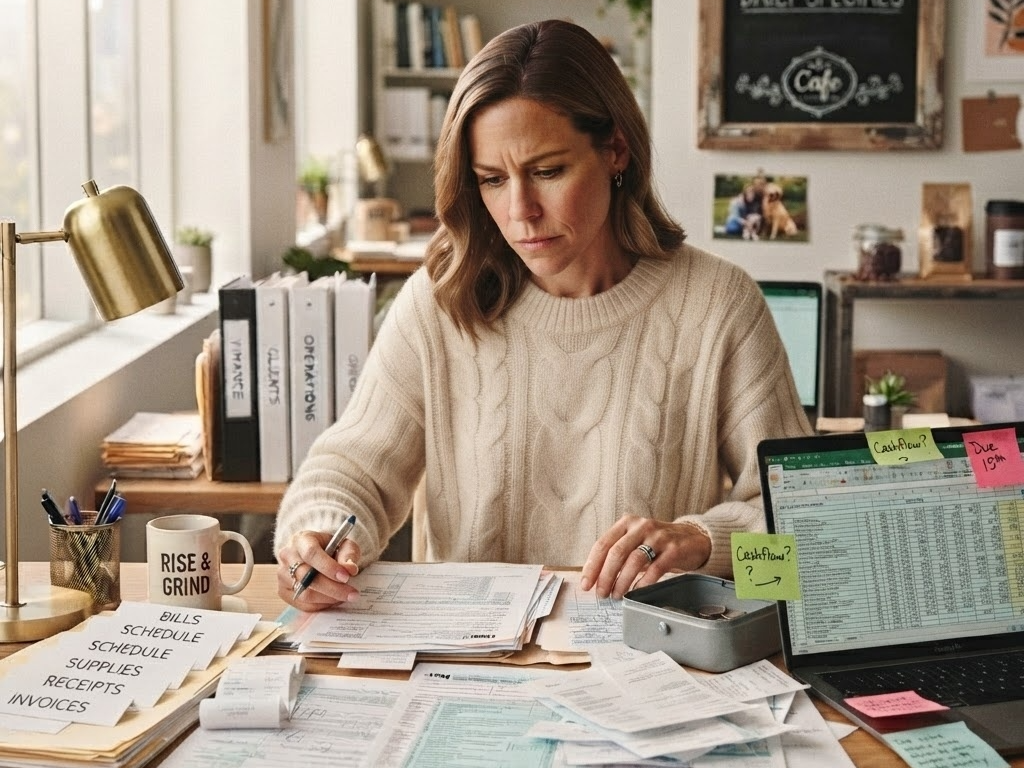 Small business owner thoughtfully reviewing the business